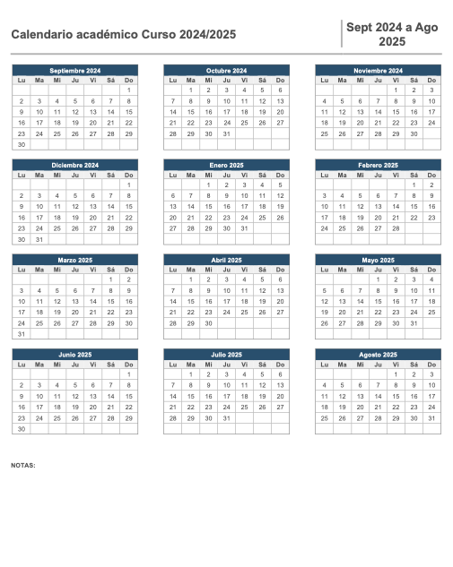 Plantilla Calendario Escolar 2024-2025 en PDF